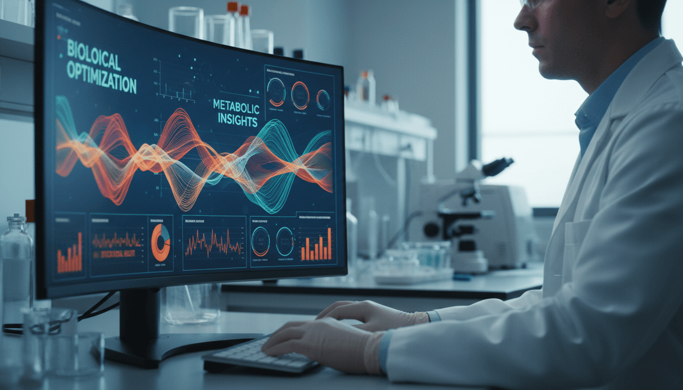 Laboratory professional reviewing advanced bloodwork data and biomarker analysis on a computer screen