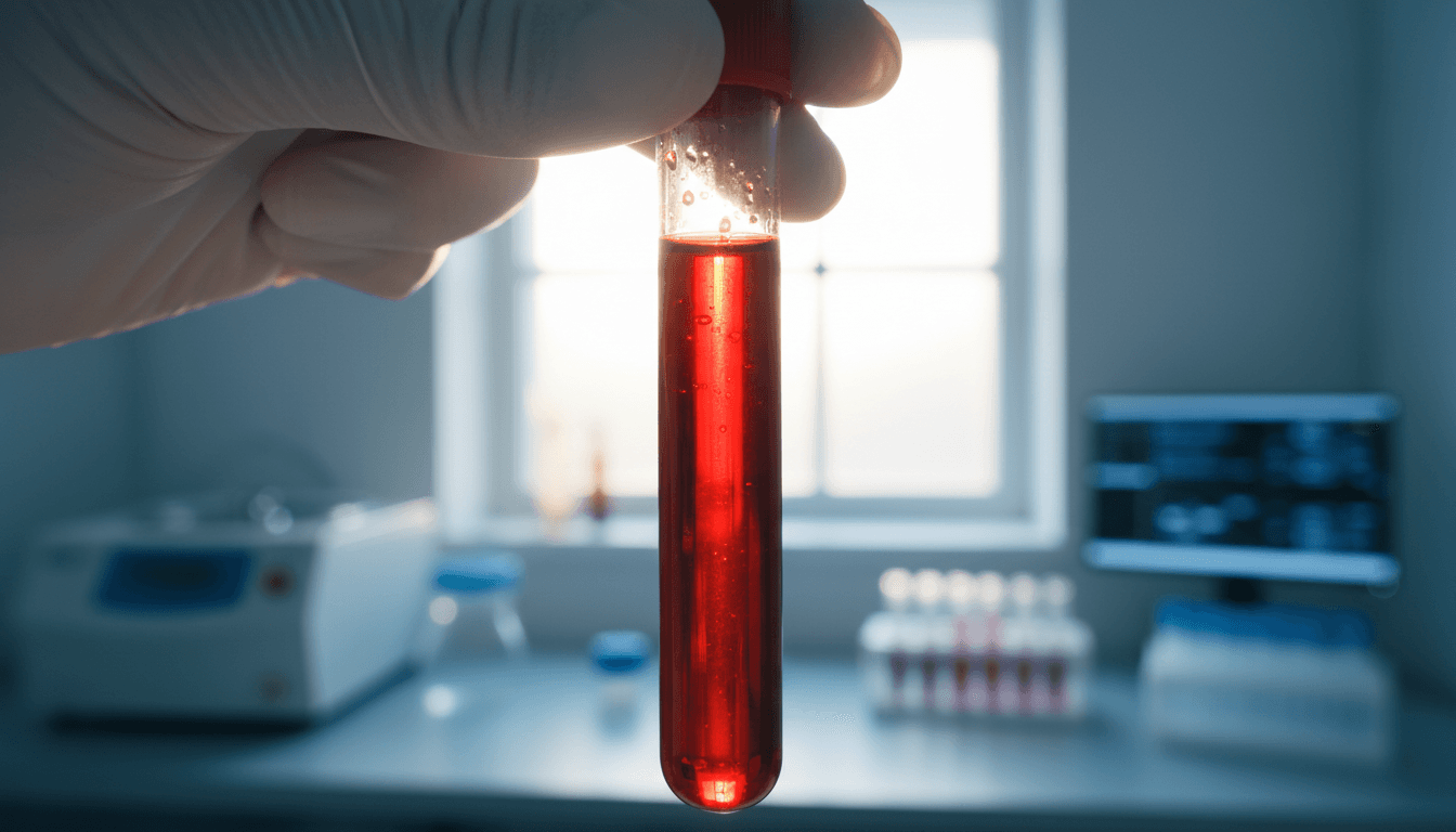 Blood vial held to light in a clinical laboratory setting