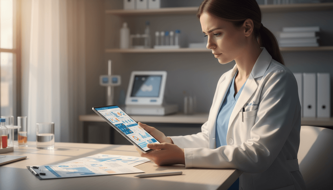 Healthcare provider reviewing advanced bloodwork analysis and metabolic data in a modern clinic setting