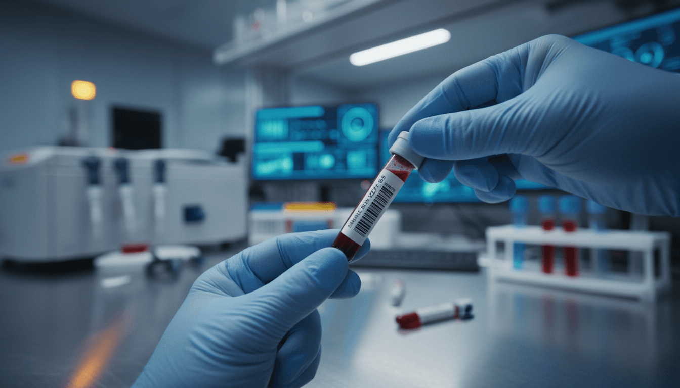 Blood sample vial held during laboratory analysis