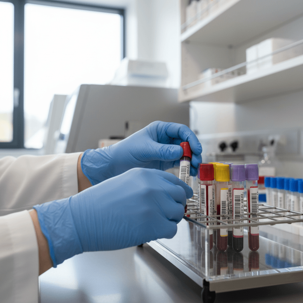 Medical technician hands handling blood collection tubes in sterile laboratory setting with organized storage rack
