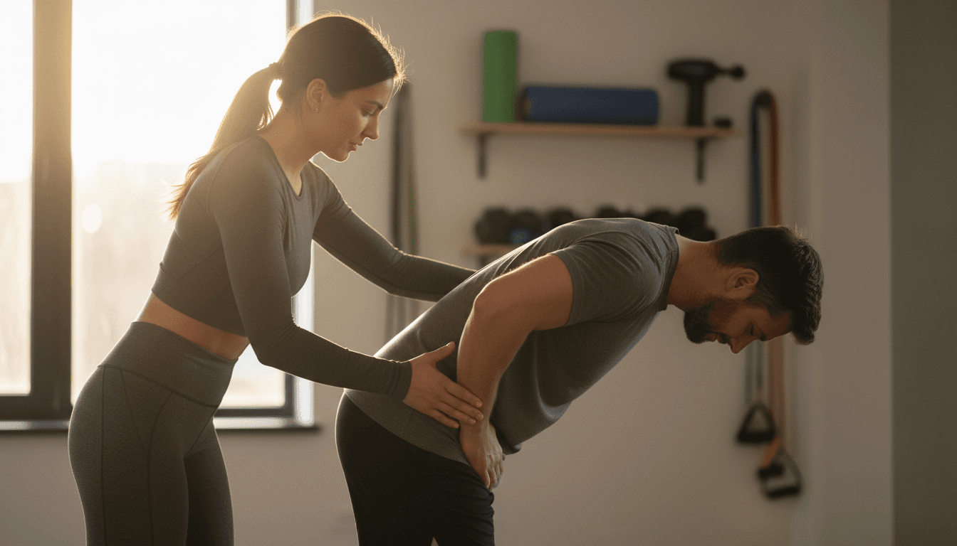 Trainer assisting client with hamstring stretch in warm, supportive recovery session
