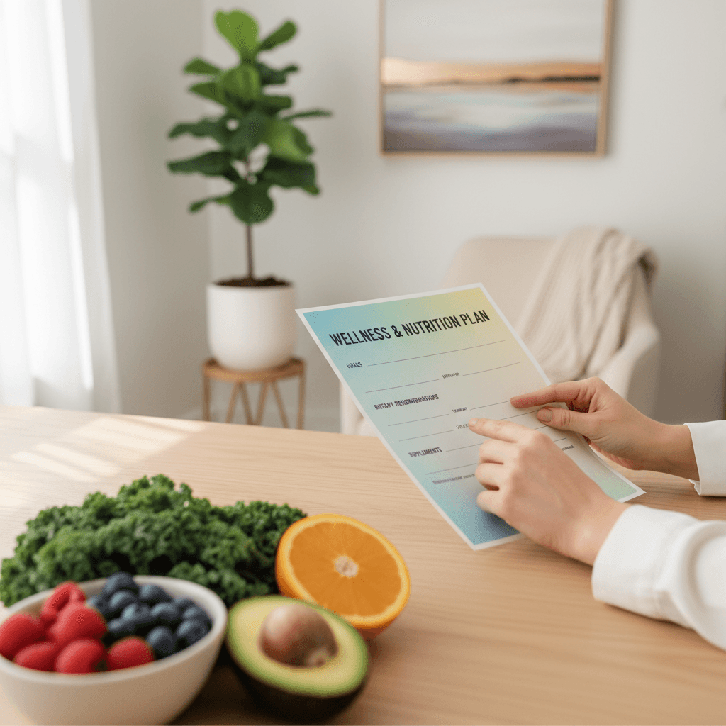 Nutritionist reviewing dietary assessment form with fresh fruits and vegetables on consultation desk in bright office setting