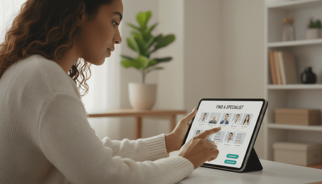 Woman at home desk using tablet to browse medical professionals on digital health coordination platform