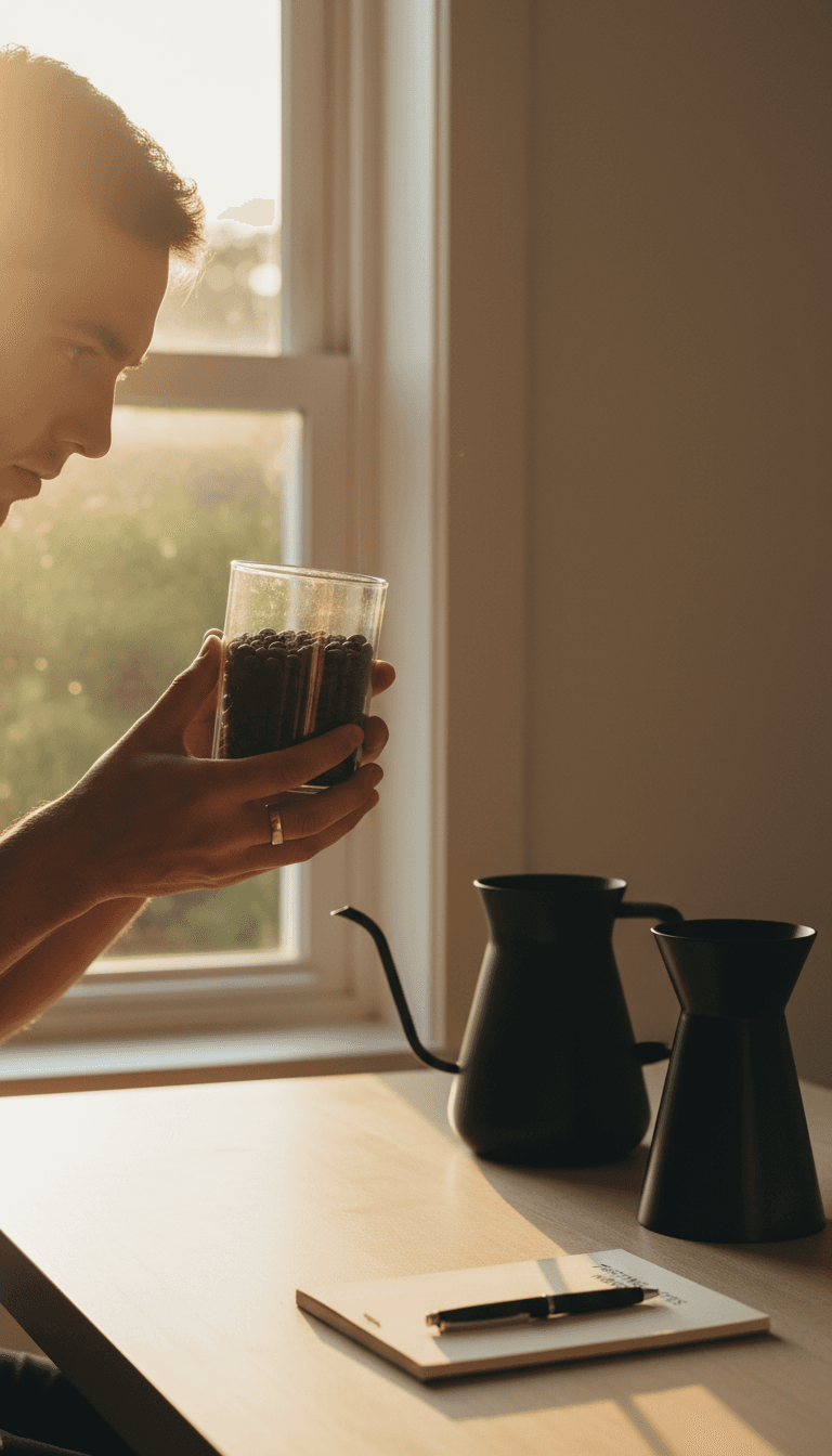 Coffee enthusiast examining roasted beans in glass vessel near window in minimalist home workspace