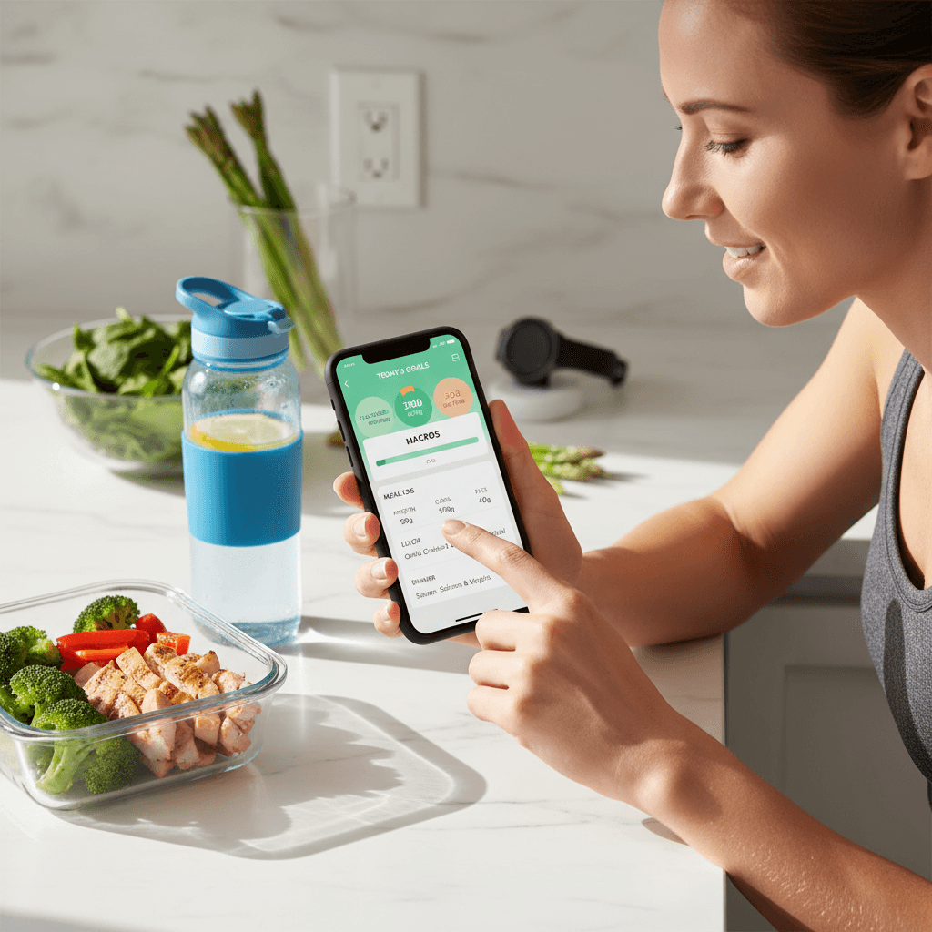 Woman viewing nutrition app on smartphone with meal prep container and water bottle on kitchen counter