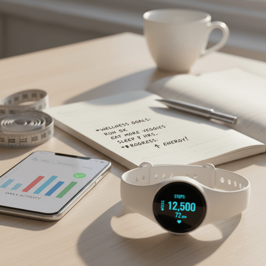 Close-up of fitness tracker, smartphone health metrics, and handwritten wellness goals notebook with natural lighting