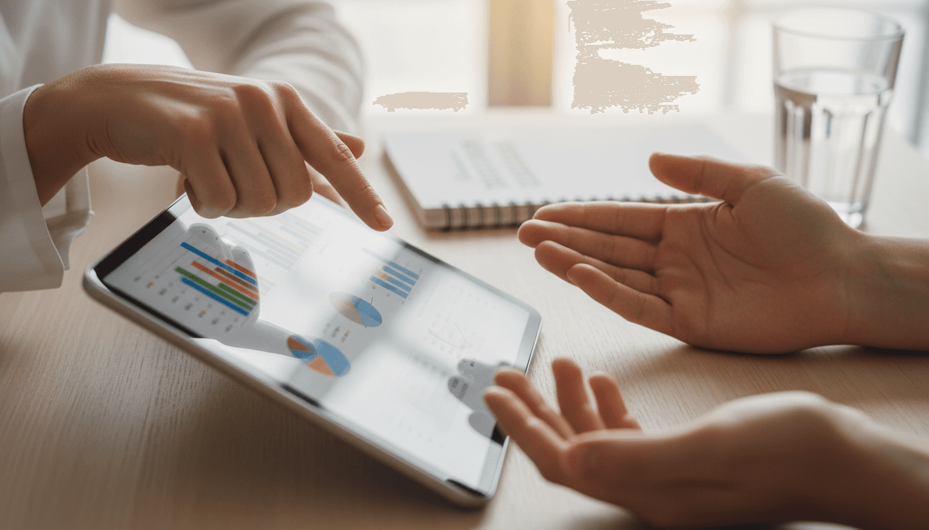 Health coach pointing to nutritional data on tablet during consultation with client in professional workspace