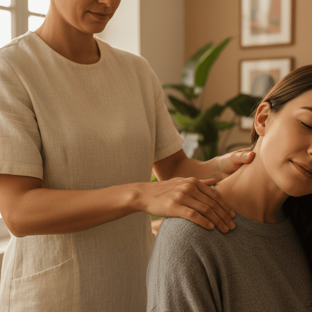 Wellness practitioner performing hands-on assessment with relaxed client in softly lit clinical setting