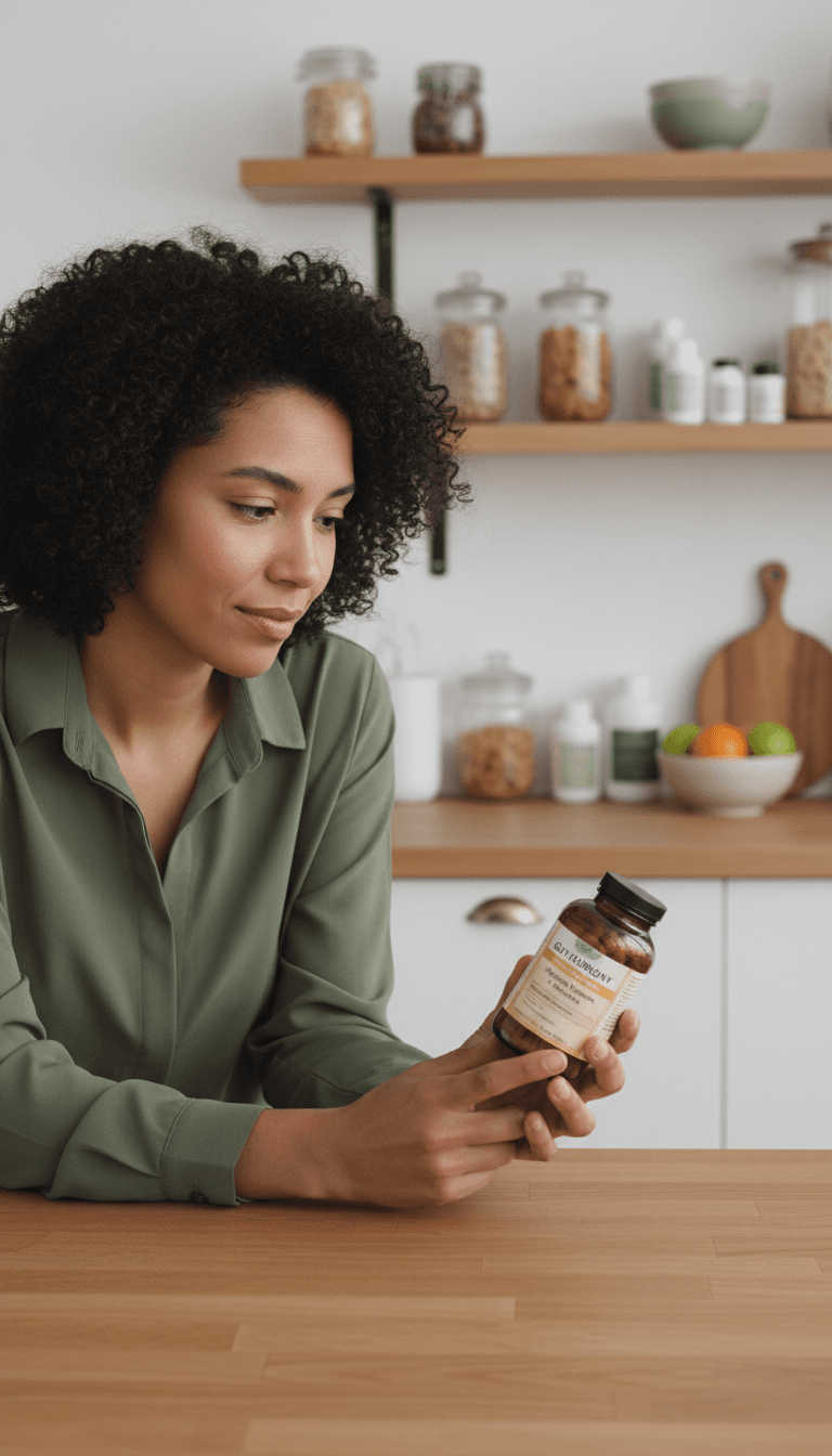 Woman in bright kitchen examining digestive supplement bottle label, reading nutritional information thoughtfully
