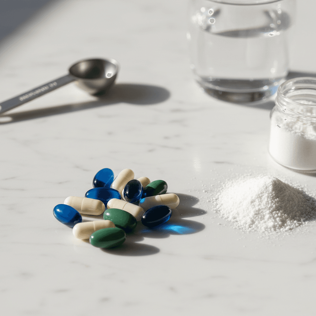 Premium supplement capsules and powder arranged on marble surface with natural light highlighting product quality and detail